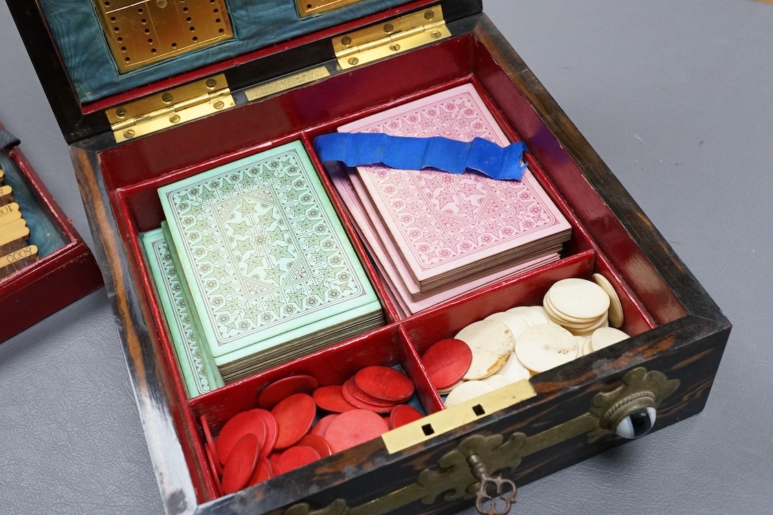 A Victorian Coromandel, brass and agate mounted games compendium, containing bezique and whist markers bone counters and inset ivory indicators, box 19cm x 19cm CITES Submission reference 3DY474P3